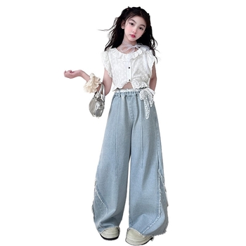 Set de două piese pentru fete, din bumbac, stil coreean, 70% bumbac, vara 2025