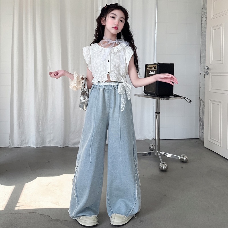 Set de două piese pentru fete, din bumbac, stil coreean, 70% bumbac, vara 2025