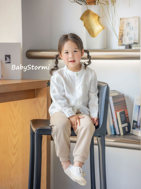 Babystormi Gyermekeknek szóló 100% len hosszú ujjú ing, álló gallér, uniszex, tavasz-nyár-ősz