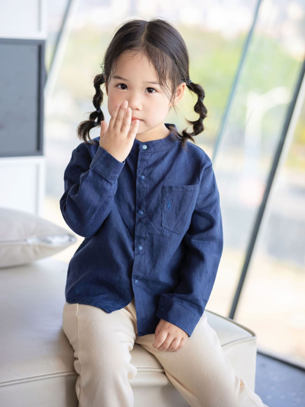 Babystormi Gyermekeknek szóló 100% len hosszú ujjú ing, álló gallér, uniszex, tavasz-nyár-ősz