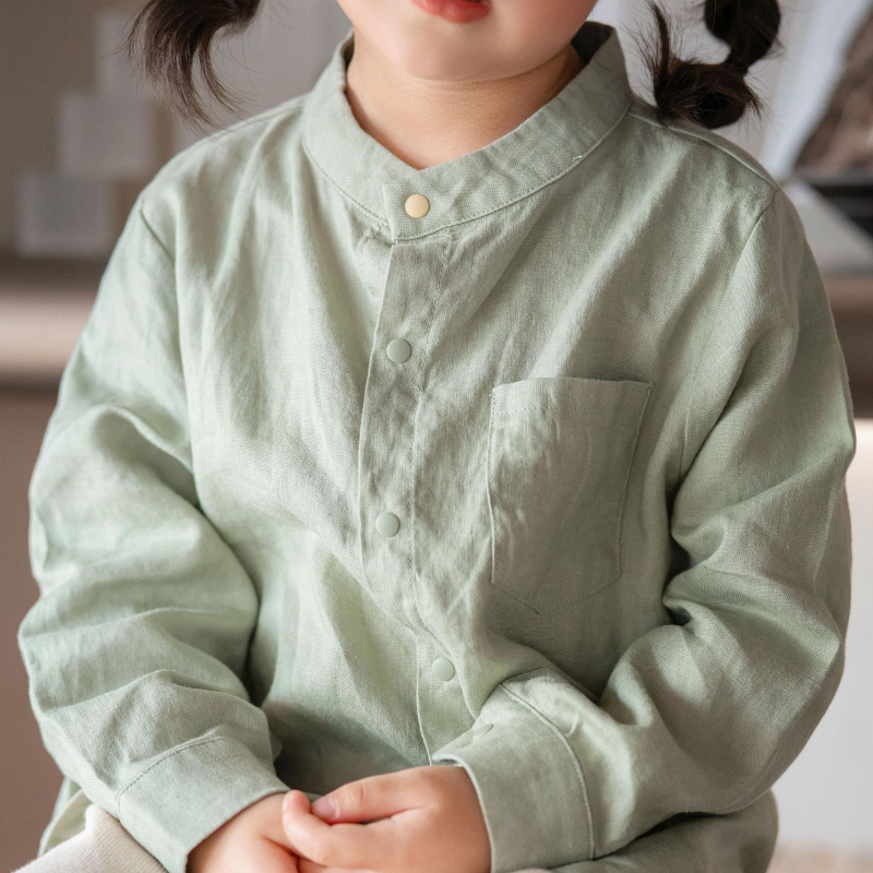 Babystormi Gyermekeknek szóló 100% len hosszú ujjú ing, álló gallér, uniszex, tavasz-nyár-ősz