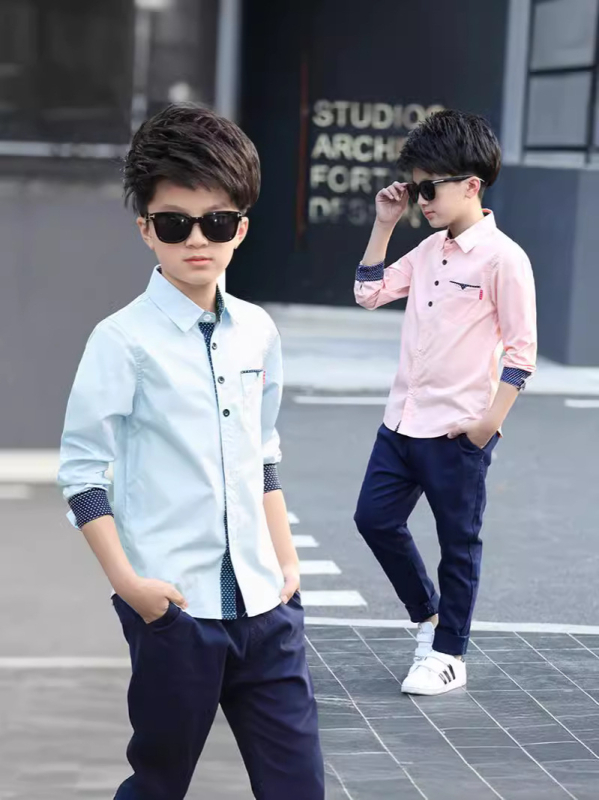 Fiúknak szóló hosszú ujjú gyermeking, 100% pamut, galléros, pöttyös mintázat, 8+ éveseknek, tavasz–ősz