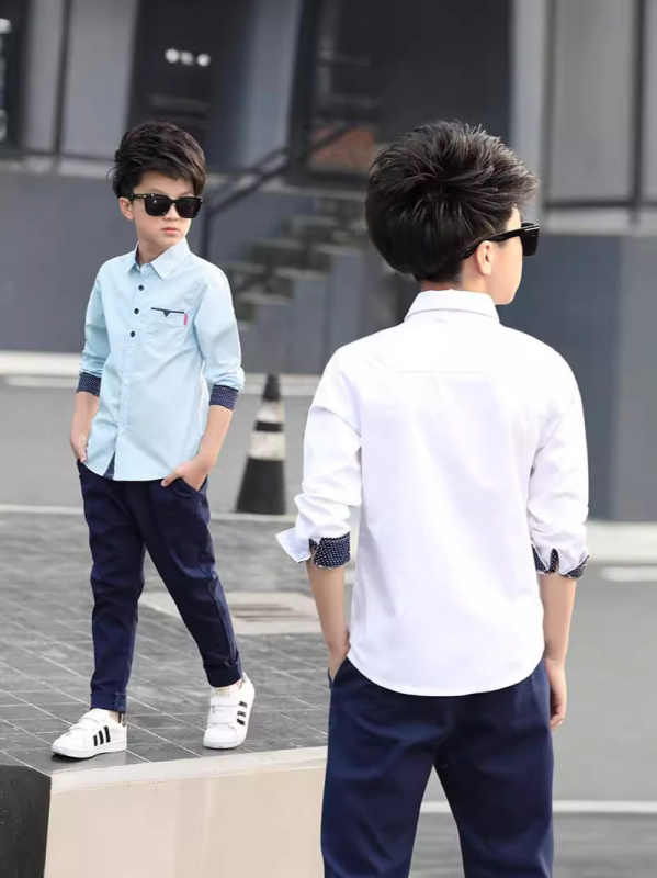 Fiúknak szóló hosszú ujjú gyermeking, 100% pamut, galléros, pöttyös mintázat, 8+ éveseknek, tavasz–ősz