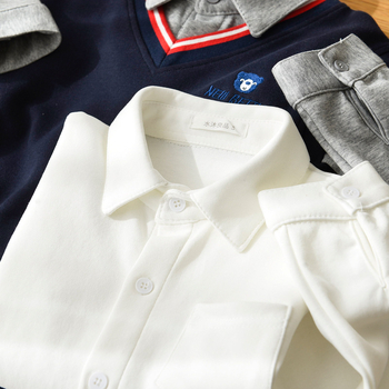 Ученическа памучна плетена риза за училище, унисекс, дълъг ръкав, едноцветна, подходяща за пролет и есен