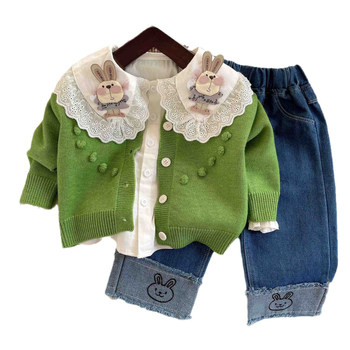 Trostruki dječji set: džemper s dugim rukavima, čipkasta košulica i traperice s motivom zeko; 95% pamuk; proljeće/jesen; za bebe i djecu od 1 do 3 godine.