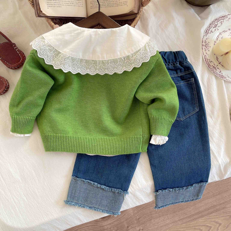 Trostruki dječji set: džemper s dugim rukavima, čipkasta košulica i traperice s motivom zeko; 95% pamuk; proljeće/jesen; za bebe i djecu od 1 do 3 godine.