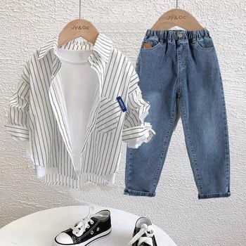 Fiúknak szóló háromrészes szett: hosszú ujjú ing és nadrág, rácsos mintázat, őszre