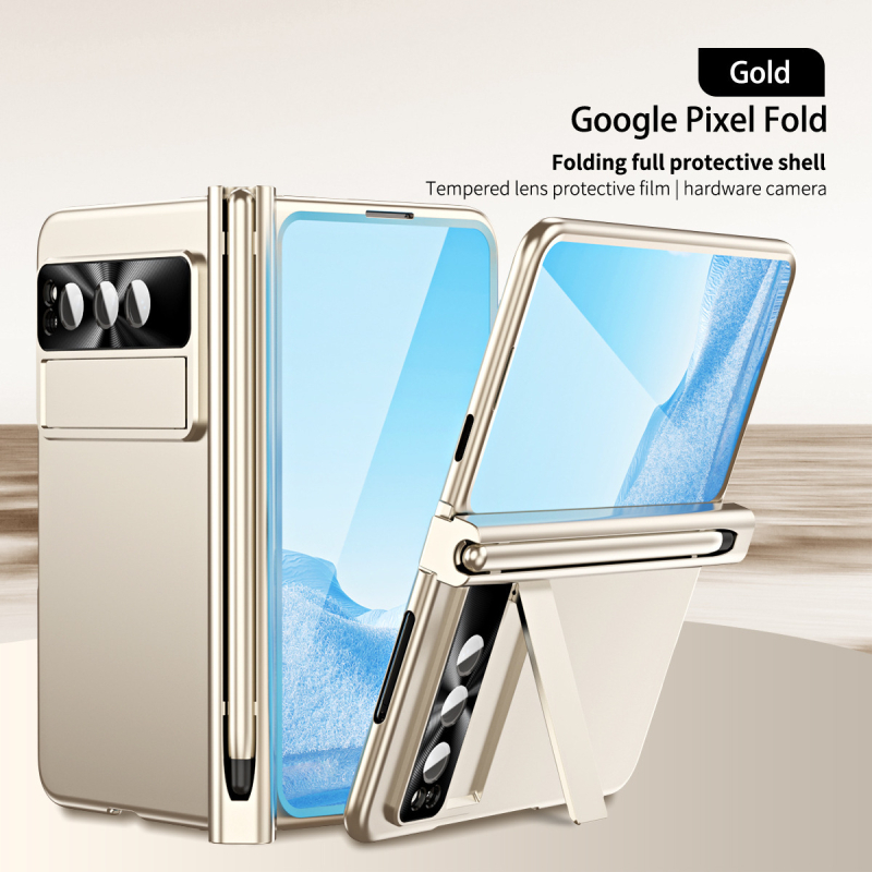 Google Pixel Fold cieta korpusa vāciņš ar statīvu un šarnīru – PC materiāls, elektroplētas pārklājums, šoksizturīgs, nodilumu un kritieniem aizsardzība, pielāgojams