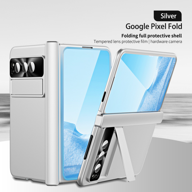 Google Pixel Fold cieta korpusa vāciņš ar statīvu un šarnīru – PC materiāls, elektroplētas pārklājums, šoksizturīgs, nodilumu un kritieniem aizsardzība, pielāgojams