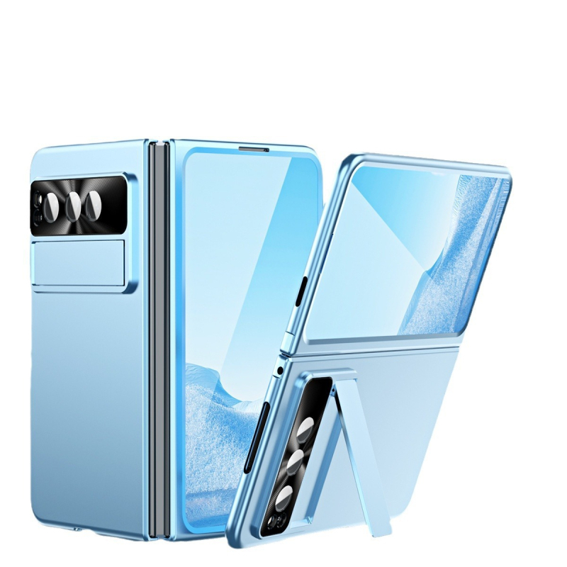 Google Pixel Fold cieta korpusa vāciņš ar statīvu un šarnīru – PC materiāls, elektroplētas pārklājums, šoksizturīgs, nodilumu un kritieniem aizsardzība, pielāgojams