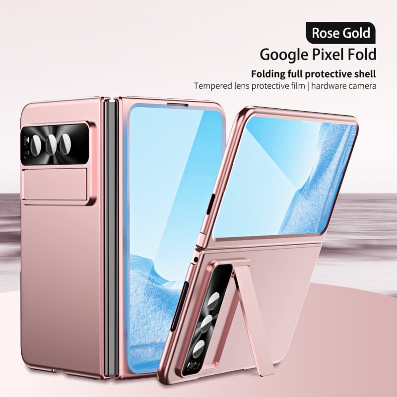 Google Pixel Fold cieta korpusa vāciņš ar statīvu un šarnīru – PC materiāls, elektroplētas pārklājums, šoksizturīgs, nodilumu un kritieniem aizsardzība, pielāgojams