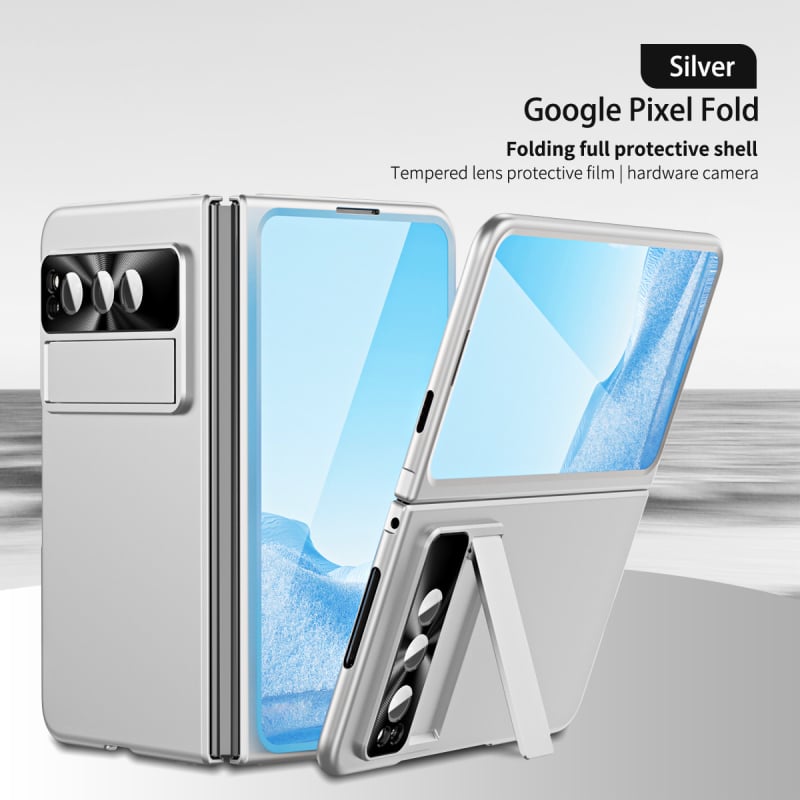 Google Pixel Fold cieta korpusa vāciņš ar statīvu un šarnīru – PC materiāls, elektroplētas pārklājums, šoksizturīgs, nodilumu un kritieniem aizsardzība, pielāgojams