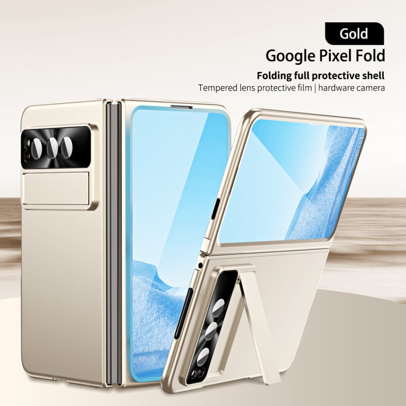 Google Pixel Fold cieta korpusa vāciņš ar statīvu un šarnīru – PC materiāls, elektroplētas pārklājums, šoksizturīgs, nodilumu un kritieniem aizsardzība, pielāgojams