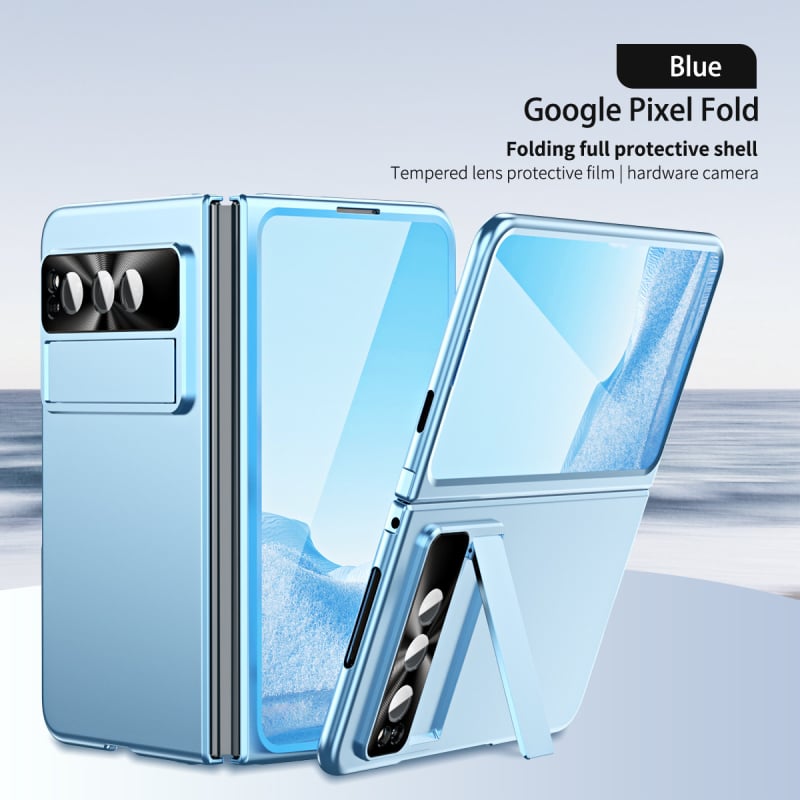 Google Pixel Fold cieta korpusa vāciņš ar statīvu un šarnīru – PC materiāls, elektroplētas pārklājums, šoksizturīgs, nodilumu un kritieniem aizsardzība, pielāgojams