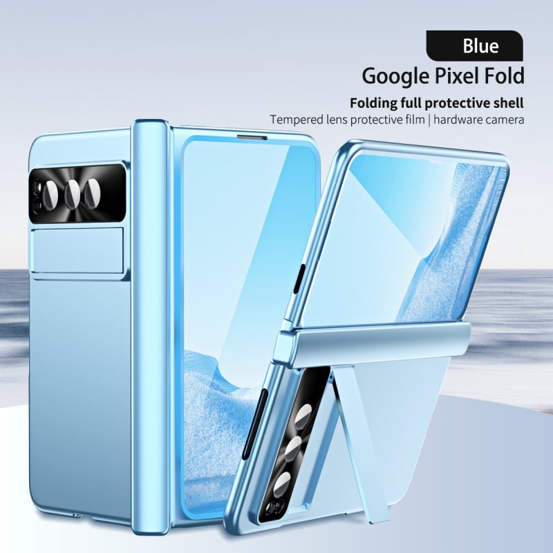 Google Pixel Fold cieta korpusa vāciņš ar statīvu un šarnīru – PC materiāls, elektroplētas pārklājums, šoksizturīgs, nodilumu un kritieniem aizsardzība, pielāgojams