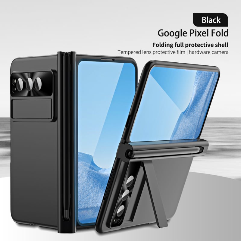 Google Pixel Fold cieta korpusa vāciņš ar statīvu un šarnīru – PC materiāls, elektroplētas pārklājums, šoksizturīgs, nodilumu un kritieniem aizsardzība, pielāgojams