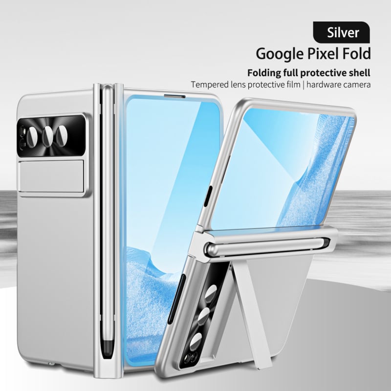 Google Pixel Fold cieta korpusa vāciņš ar statīvu un šarnīru – PC materiāls, elektroplētas pārklājums, šoksizturīgs, nodilumu un kritieniem aizsardzība, pielāgojams
