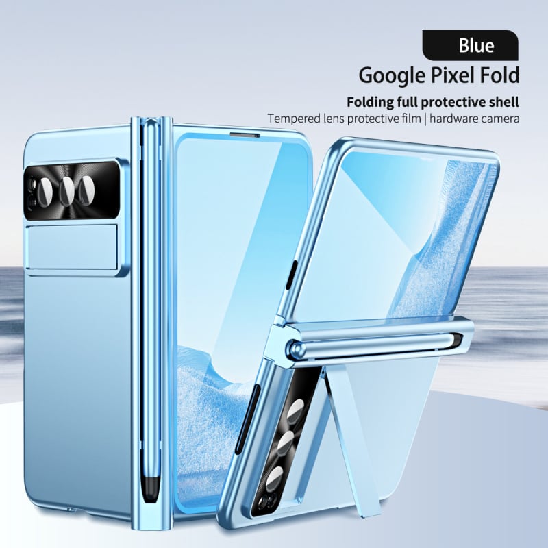 Google Pixel Fold cieta korpusa vāciņš ar statīvu un šarnīru – PC materiāls, elektroplētas pārklājums, šoksizturīgs, nodilumu un kritieniem aizsardzība, pielāgojams