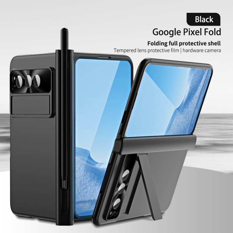 Google Pixel Fold cieta korpusa vāciņš ar statīvu un šarnīru – PC materiāls, elektroplētas pārklājums, šoksizturīgs, nodilumu un kritieniem aizsardzība, pielāgojams