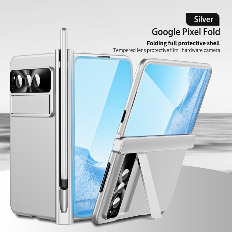 Google Pixel Fold cieta korpusa vāciņš ar statīvu un šarnīru – PC materiāls, elektroplētas pārklājums, šoksizturīgs, nodilumu un kritieniem aizsardzība, pielāgojams