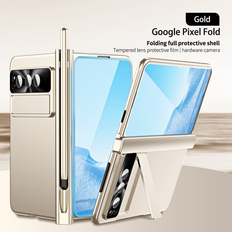 Google Pixel Fold cieta korpusa vāciņš ar statīvu un šarnīru – PC materiāls, elektroplētas pārklājums, šoksizturīgs, nodilumu un kritieniem aizsardzība, pielāgojams