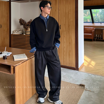 Ανδρικό πουλόβερ-φούτερ με μισό φερμουάρ και γιακά τύπου πέτο — μακριά μανίκια, φαρδιά γραμμή, πολυεστέρας 96% (φθινόπωρο/χειμώνας)