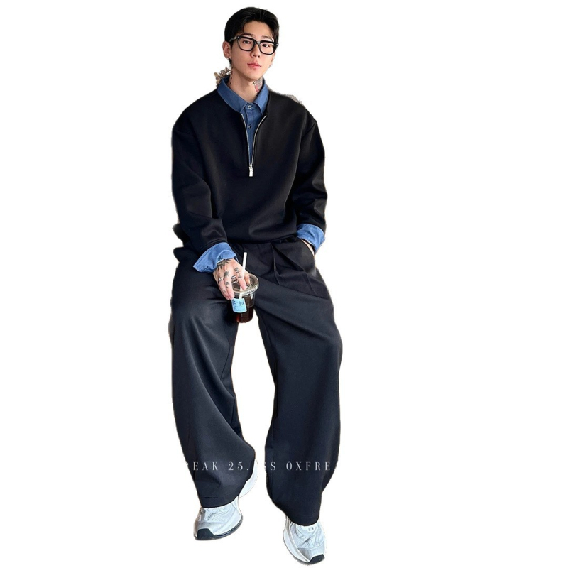 Ανδρικό πουλόβερ-φούτερ με μισό φερμουάρ και γιακά τύπου πέτο — μακριά μανίκια, φαρδιά γραμμή, πολυεστέρας 96% (φθινόπωρο/χειμώνας)