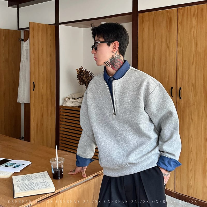 Ανδρικό πουλόβερ-φούτερ με μισό φερμουάρ και γιακά τύπου πέτο — μακριά μανίκια, φαρδιά γραμμή, πολυεστέρας 96% (φθινόπωρο/χειμώνας)