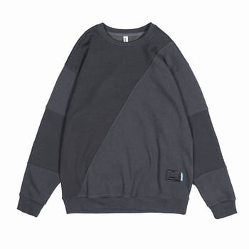Férfi fleece pulóver patchwork dizájnnal, kerek nyakú, laza szabású, poliészter 93,5% + elasztán 6,5%, tavasz–őszre.