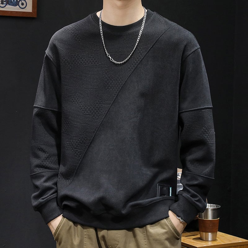 Férfi fleece pulóver patchwork dizájnnal, kerek nyakú, laza szabású, poliészter 93,5% + elasztán 6,5%, tavasz–őszre.