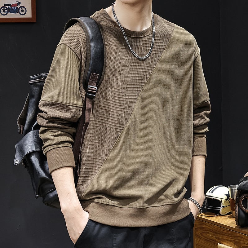 Férfi fleece pulóver patchwork dizájnnal, kerek nyakú, laza szabású, poliészter 93,5% + elasztán 6,5%, tavasz–őszre.