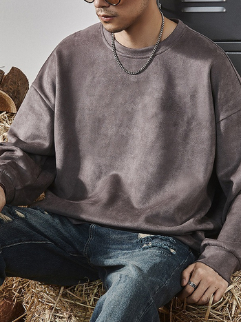 Ανδρικό φούτερ από σουέντ βελούρου, στρογγυλή λαιμόκοψη, βαρύ 301–350 γρ, βουρτσισμένο πολυεστερικό μείγμα, φαρδιά εφαρμογή