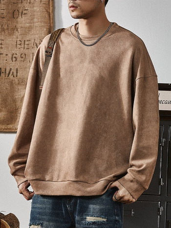 Ανδρικό φούτερ από σουέντ βελούρου, στρογγυλή λαιμόκοψη, βαρύ 301–350 γρ, βουρτσισμένο πολυεστερικό μείγμα, φαρδιά εφαρμογή