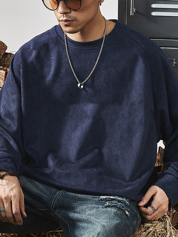 Ανδρικό φούτερ από σουέντ βελούρου, στρογγυλή λαιμόκοψη, βαρύ 301–350 γρ, βουρτσισμένο πολυεστερικό μείγμα, φαρδιά εφαρμογή