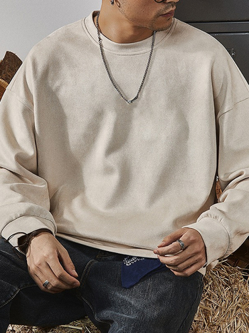 Ανδρικό φούτερ από σουέντ βελούρου, στρογγυλή λαιμόκοψη, βαρύ 301–350 γρ, βουρτσισμένο πολυεστερικό μείγμα, φαρδιά εφαρμογή