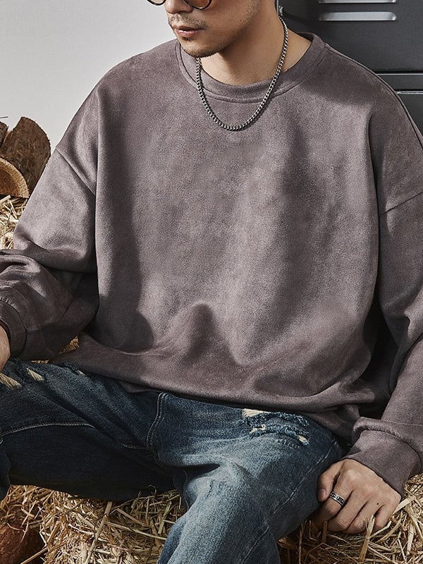 Ανδρικό φούτερ από σουέντ βελούρου, στρογγυλή λαιμόκοψη, βαρύ 301–350 γρ, βουρτσισμένο πολυεστερικό μείγμα, φαρδιά εφαρμογή