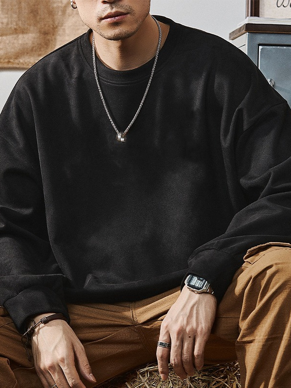 Ανδρικό φούτερ από σουέντ βελούρου, στρογγυλή λαιμόκοψη, βαρύ 301–350 γρ, βουρτσισμένο πολυεστερικό μείγμα, φαρδιά εφαρμογή