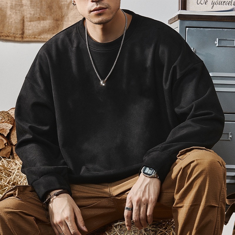 Ανδρικό φούτερ από σουέντ βελούρου, στρογγυλή λαιμόκοψη, βαρύ 301–350 γρ, βουρτσισμένο πολυεστερικό μείγμα, φαρδιά εφαρμογή