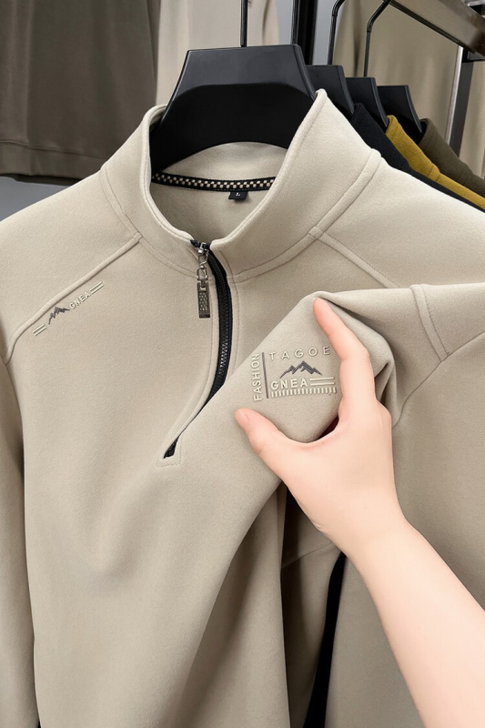 Férfi koreai stílusú pulóver, osztrák velúr külsővel, álló gallér, pamut bélés, egyszínű, egyenes szabás.