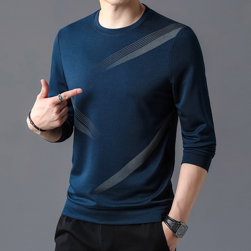 Muški sweatshirt s printom i prugastim uzorkom, okrugli izrez, dugi rukavi, ležerna kroj, lagana viskozna smjesa, jesen 2024