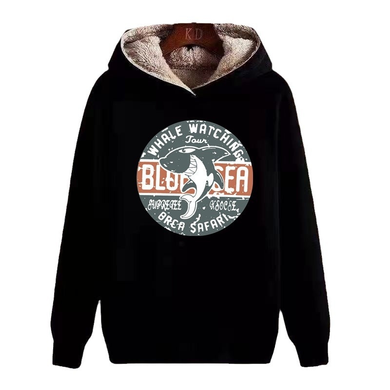 Férfi kapucnis, vastag fleece-betétes pulóver, kerek nyakú, hosszú ujjú, poliészter 91–95%