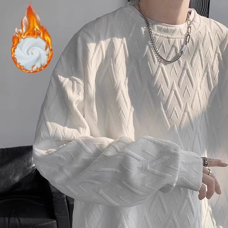 Bijela muška oversize duksa s debelim fleeceom, okrugli izrez, za jesen i zimu