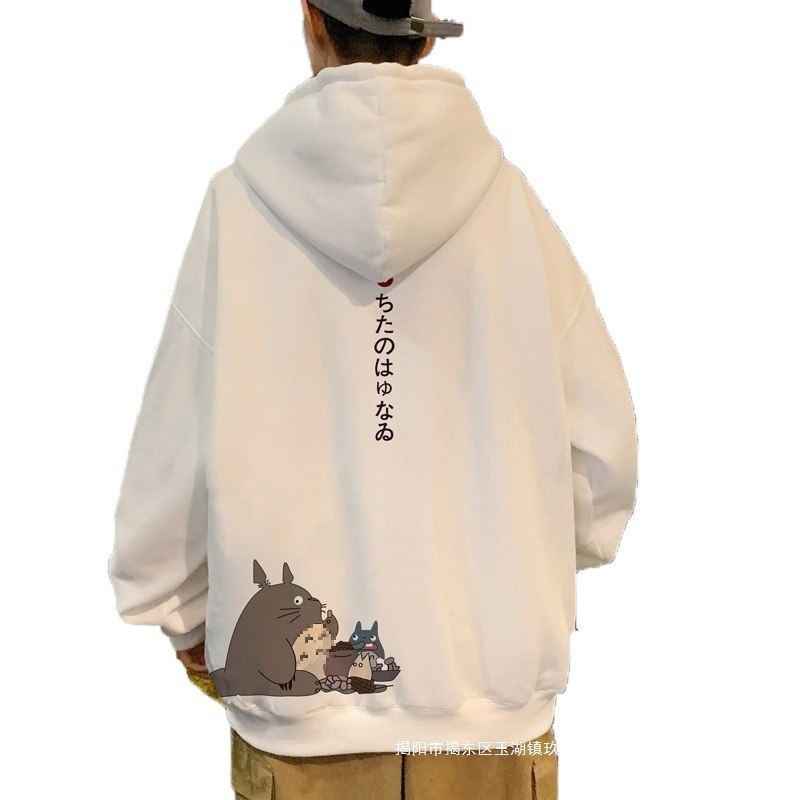 Muški hoodie u japanskom stilu s karikaturom, vunena podstava, poliester, širok kroj, dugi rukavi