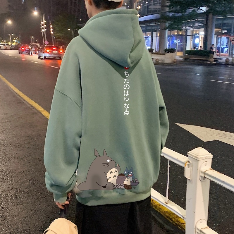 Muški hoodie u japanskom stilu s karikaturom, vunena podstava, poliester, širok kroj, dugi rukavi