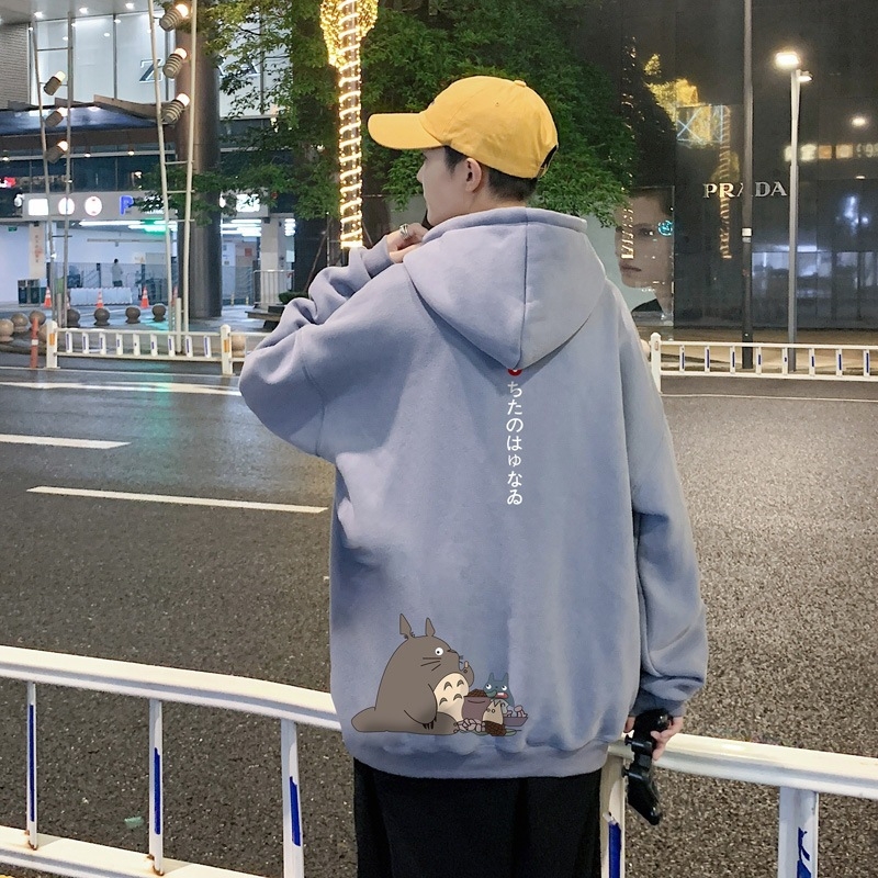Muški hoodie u japanskom stilu s karikaturom, vunena podstava, poliester, širok kroj, dugi rukavi