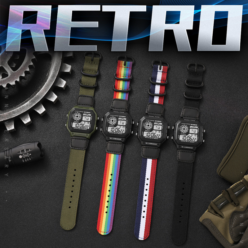 Elektronikus óra nylon canvas szíjjal, háromgyűrűs csattal, digitális kijelzővel, S006 mozgás, vízálló 30m