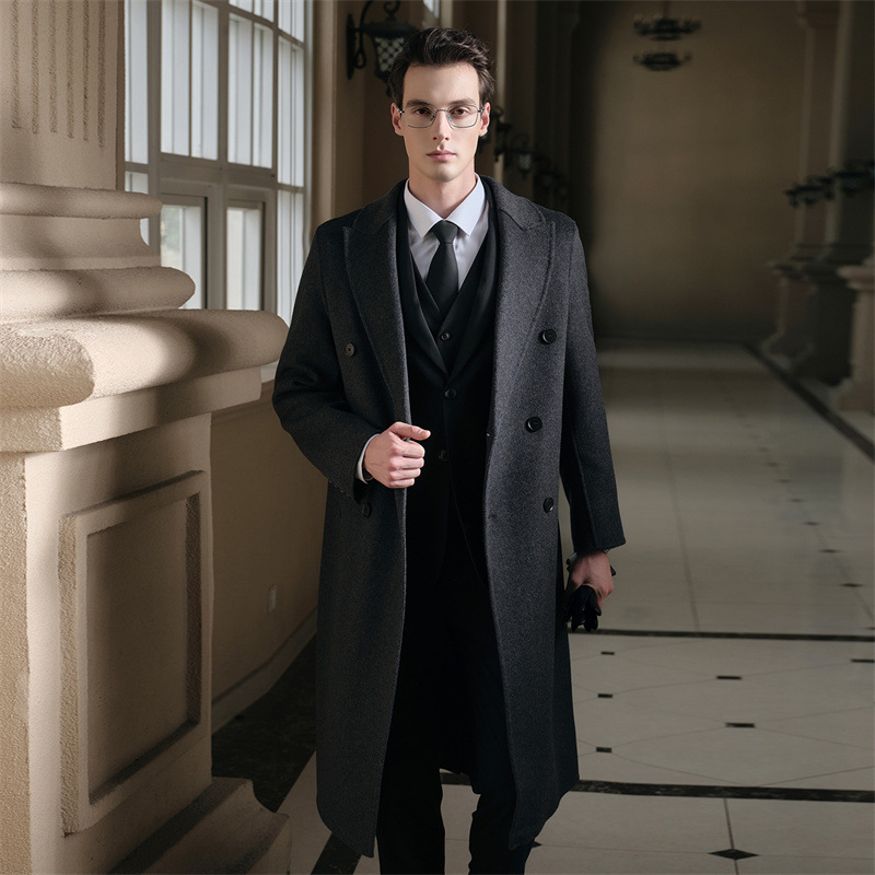 Мъжко палто от вълна, корейски стил, свободна кройка, двойно закопчаване, плътна вълна, 100% вълна