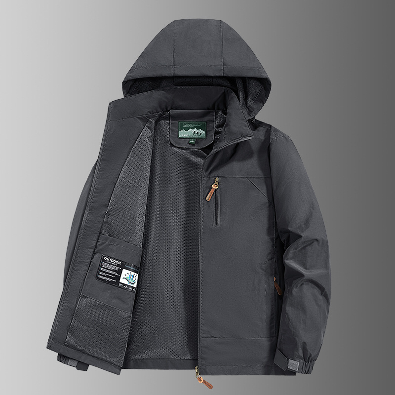 Férfi kapucnis vízálló dzseki, légáteresztő poliészter keverék anyagból, cipzáras, több zseb, tavasz-ősz