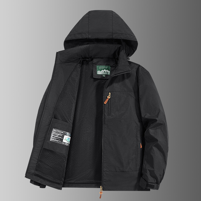 Férfi kapucnis vízálló dzseki, légáteresztő poliészter keverék anyagból, cipzáras, több zseb, tavasz-ősz