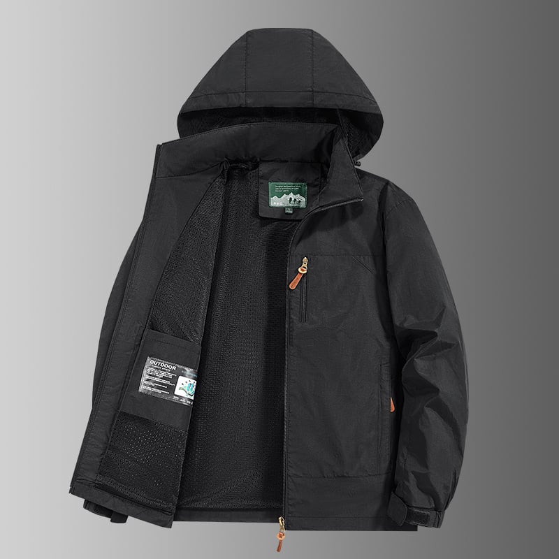 Férfi kapucnis vízálló dzseki, légáteresztő poliészter keverék anyagból, cipzáras, több zseb, tavasz-ősz